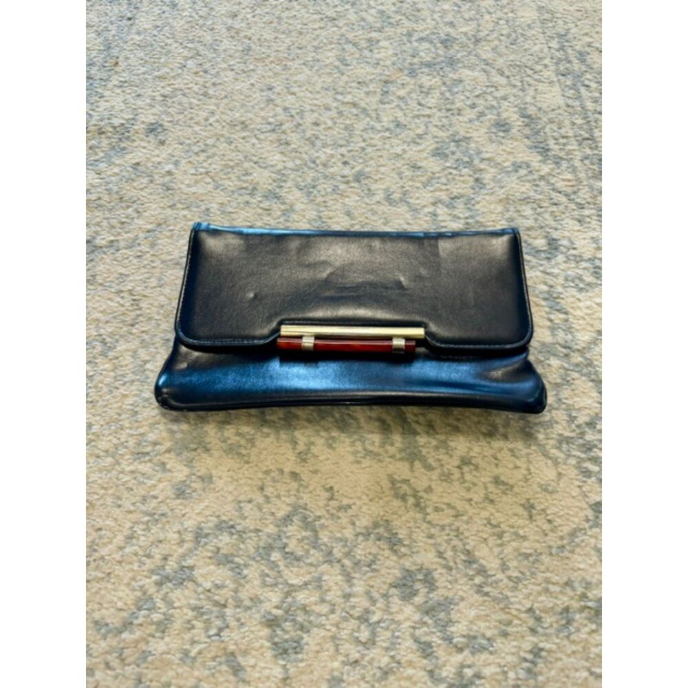 Vintage 1980s navy vinyl envelope clutch with tortoise shell and gold accent
